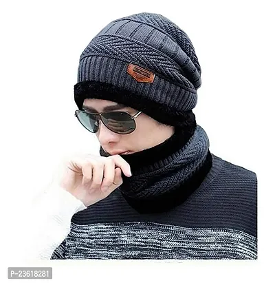 Wool Beanie Cap  Muffler for Menrsquo;s  Women ndash; Winter Cap For Men ndash; Menrsquo;s Woolen Cap With Neck Muffler ndash; Winter Muffler For Women ndash; Soft Woolen Muffler  Cap For Men  Women Set Of 1 (Grey)-thumb0