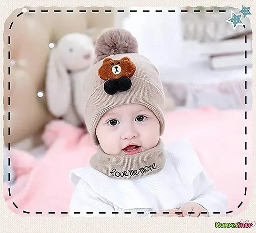 Malvina Baby Boy's & Girl's Teddy Cartoon Pom Pom Winter Warm Knitted Cap with Scarf (Khaki)-(1-3 Years)