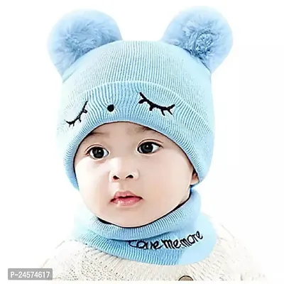 Woolen Warm Double Pom Pom Cap Beanie Hat and Muffler Winter Accessories for Baby Boys and Girls (sky blue)-thumb0