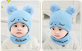 Woolen Warm Double Pom Pom Cap Beanie Hat and Muffler Winter Accessories for Baby Boys and Girls (sky blue)-thumb1