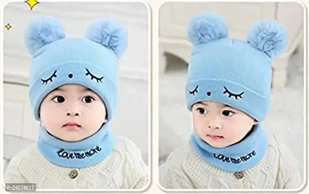 Woolen Warm Double Pom Pom Cap Beanie Hat and Muffler Winter Accessories for Baby Boys and Girls (sky blue)-thumb2