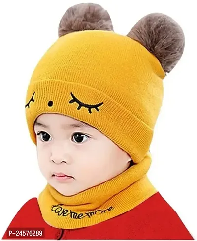 Woolen Warm Double Pom Pom Cap Beanie Hat and Muffler Winter Accessories for Baby Boys and Girls Yellow-(1-3 Years) (yello)-thumb0