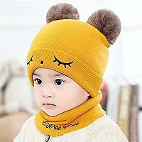 Woolen Warm Double Pom Pom Cap Beanie Hat and Muffler Winter Accessories for Baby Boys and Girls Yellow-(1-3 Years) (yello)-thumb1