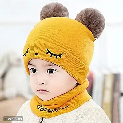 Woolen Warm Double Pom Pom Cap Beanie Hat and Muffler Winter Accessories for Baby Boys and Girls Yellow-(1-3 Years) (yello)-thumb2
