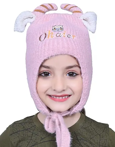 Sikander? - Fashion Kids (4-5Yr) Knitted Fleece Animal (Cow Horn) Style Cap, Solid Color/Stylish Unisex Soft Cotton Wool Hat for Winter (Pink Color)