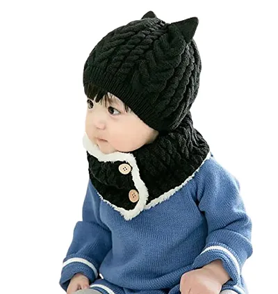 Malvina Kids Winter Beanie Cat Ear Hat and Circle Scarf Set Thick Warm Ski Knitted Fleece Lined Skull Cap (Black)-(Fit for 1 to 4 Years)