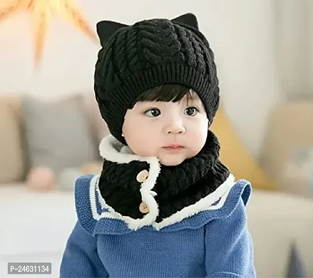 Baby Girls Boys Warm Soft Knit Bear Hat Toddler Winter Crochet Beanie Cap Lovely Button Circle Scarf (Black)-(Fit for 1 to 4 Years)-thumb2