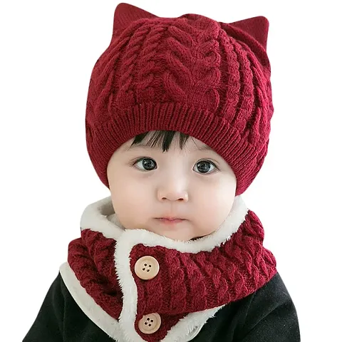 Vbirds Kids Winter Beanie Cat Ear Hat and Circle Scarf Set Thick Warm Ski Knitted Fleece Lined Skull Cap (Maroon)-(Fit for 1 to 4 Years)