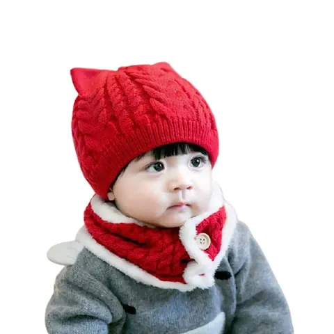 Malvina Kids Winter Beanie Cat Ear Hat and Circle Scarf Set Thick Warm Ski Knitted Fleece Lined Skull Cap (Red)-(Fit for 1 to 4 Years)