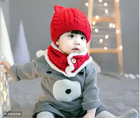 Baby Girls Boys Warm Soft Knit Bear Hat Toddler Winter Crochet Beanie Cap Lovely Button Circle Scarf-(Fit for 1 to 4 Years)   red-thumb2