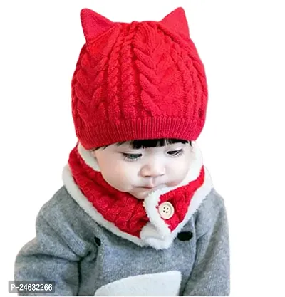 Baby Girls Boys Warm Soft Knit Bear Hat Toddler Winter Crochet Beanie Cap Lovely Button Circle Scarf-(Fit for 1 to 4 Years)   red-thumb3