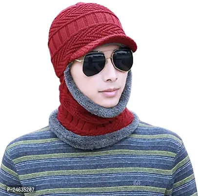 Knitted Hat and Scarf One Piece Hat Winter Fur Lining  Wool Beanie Hat Neck Warmers  for Women Red-thumb0