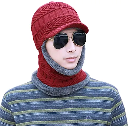 Knitted Hat and Scarf One Piece Hat Winter Fur Lining Wool Beanie Hat Neck Warmers for Women