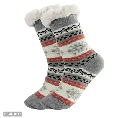 Slipper Socks Winter Fuzzy Fleece Lined Cozy Thick Thermal Non-Slip Socks_Free Size Pack Of 1 (GRY-WHT)