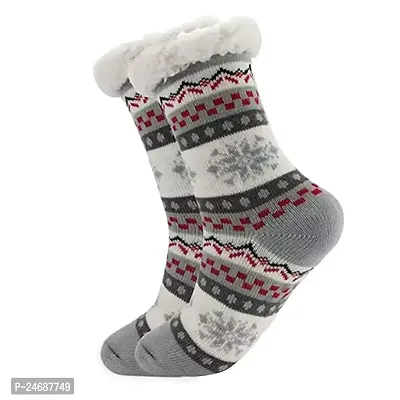 women Slipper Socks Winter Fuzzy Fleece Lined Cozy Thick Thermal Non-Slip Socks_Free Size Pack Of 1 (GEY-WHT) G