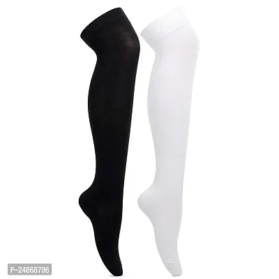 Women's Thigh High Socks Over the Knee High Knitted Casual Boot Socks, Stiped Long Fashionable Stockings PO2 (BLACK-WHITE)