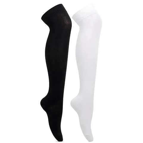 Women's Thigh High Socks Over the Knee High Knitted Casual Boot Socks, Stiped Long Fashionable Stockings PO2 (BLACK-WHITE)