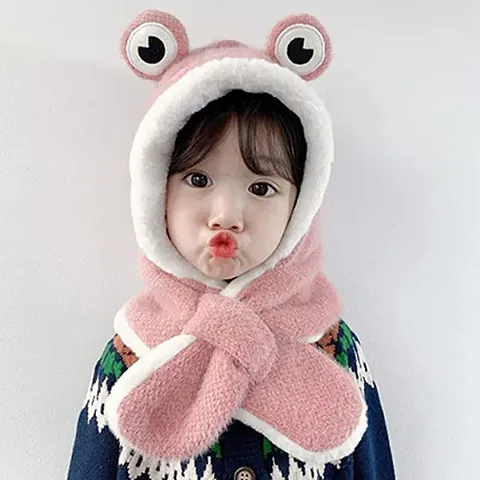 Malvina Kids Winter Hat Cute Cartoon Frog Plush Thick Hat and Scarf Set for Kids 9-10 Year (Pink)(Special For Winter)