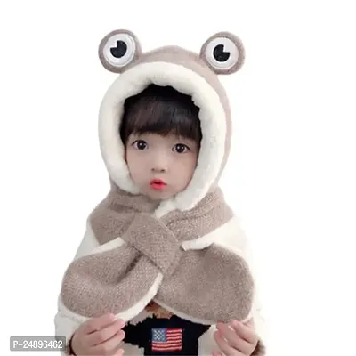 Luxury Trendy Solid Color Cute Frog Warm Children Knitted Hat Kids Boys Girls Beanie Winter Hats and Scarf 9-10 Year (brown)