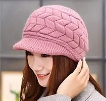 Women Winter Warm Knit Hat Wool Snow Caps With Visor (PINK)-thumb2