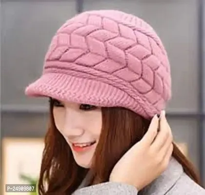 Women Winter Warm Knit Hat Wool Snow Caps With Visor (PINK)-thumb3