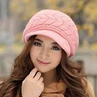 Women Winter Warm Knit Hat Wool Snow Caps With Visor (PINK)-thumb1