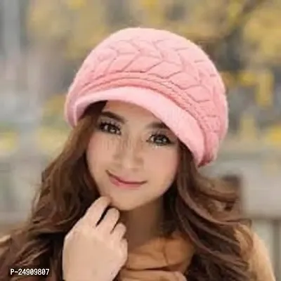 Women Winter Warm Knit Hat Wool Snow Caps With Visor (PINK)-thumb2