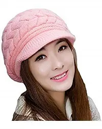 Women Winter Warm Knit Hat Wool Snow Caps With Visor (PINK)-thumb3