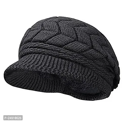 Women Winter Warm Knit Hat Wool Snow Caps With Visor (BLK)-thumb0