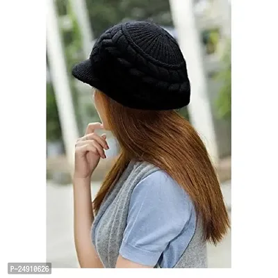 Women Winter Warm Knit Hat Wool Snow Caps With Visor (BLK)-thumb3