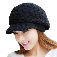 Women Winter Warm Knit Hat Wool Snow Caps With Visor (BLK)-thumb4