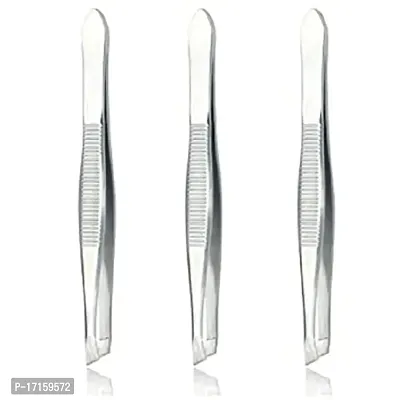 Elecsera Metal Flat Tip Tweezer Plucker for Women Eyebrows and Upper Lips, Silver Pack of 3 ()