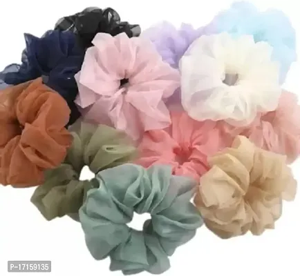 Elecsera Organza Scrunchies Hair Tie Elastic Large Hair Bands Set of 11 pcs Rubber Band (Multicolor)-thumb3