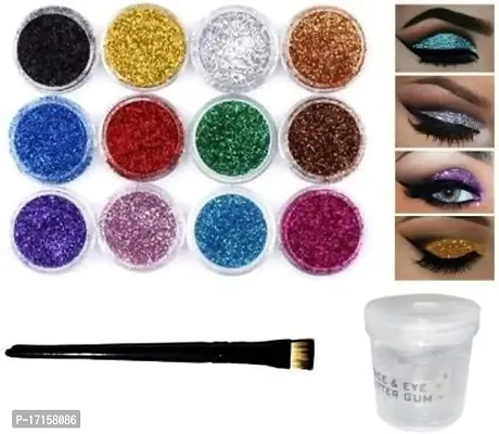 Elecsera Multi Colors Eye Dry Thick Shimmer Glitters - Pack Of 12 Pcs with Eye Glue/Gum  Eyeshadow Brush