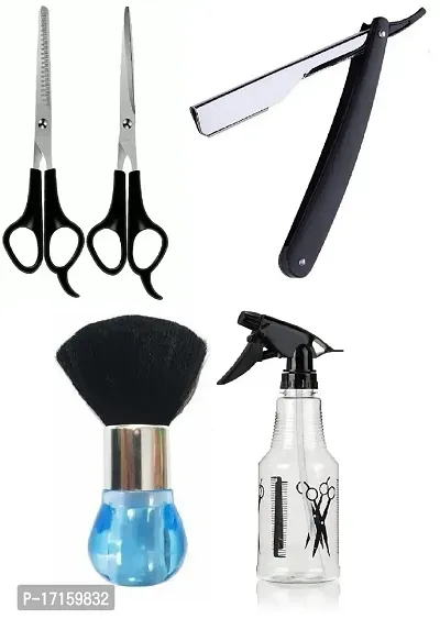 Elecsera Hair Cutting Neck Face Duster Brush +Spray Bottle +Barber's Design Plastic Handle Razor +Hair Cutting Scissors (5 Items in the set)