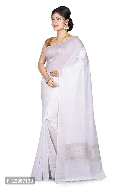 Stylish Cotton White Self Pattern Saree With Blouse Piece For Women-thumb0