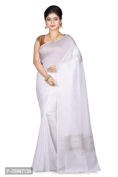 Stylish Cotton White Self Pattern Saree With Blouse Piece For Women-thumb2