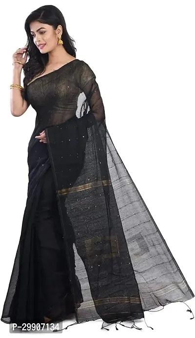 Stylish Cotton Black Self Pattern Saree With Blouse Piece For Women-thumb0