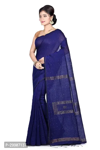 Stylish Cotton Navy Blue Self Pattern Saree With Blouse Piece For Women-thumb0