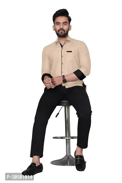 Reliable Beige Cotton Blend Solid Long Sleeves Casual Shirt For Men-thumb4