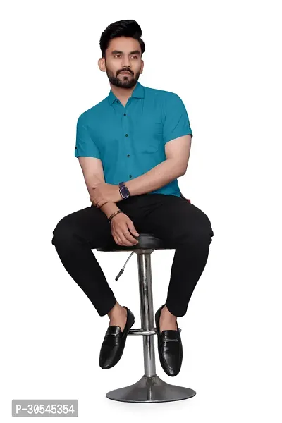 Stylish Teal Cotton Solid Regular Fit Casual Shirt For Men-thumb4