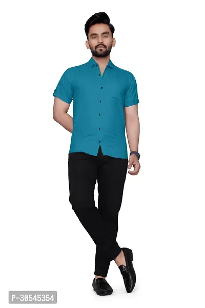 Stylish Teal Cotton Solid Regular Fit Casual Shirt For Men-thumb0