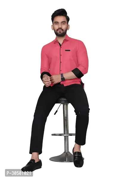 Reliable Pink Cotton Blend Solid Long Sleeves Casual Shirt For Men-thumb4