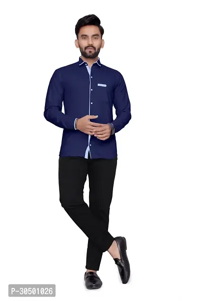 Reliable Navy Blue Cotton Blend Solid Long Sleeves Casual Shirt For Men