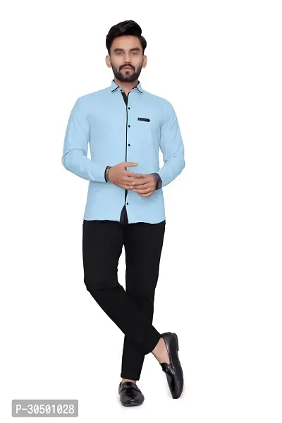 Reliable Blue Cotton Blend Solid Long Sleeves Casual Shirt For Men