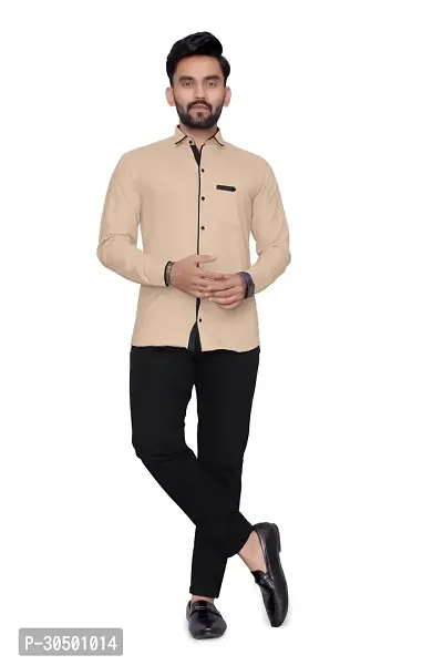 Reliable Beige Cotton Blend Solid Long Sleeves Casual Shirt For Men-thumb0