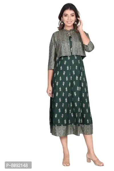 STYLE GANGA Women's Rayon Printed Anarkali Kurti with Jacket-thumb0