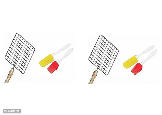 Set Of 2 Stainless Steel Square Barbeque Jali/Roti Jali With Wooden Handle Tandoor Net With Spatula