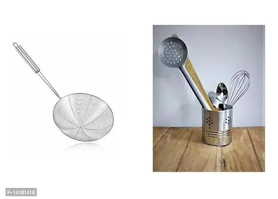 Combo Of Deep Fryer Stainer And Stainless Steel Spoon, Cutlery Pen Holder, Brush Standnbsp;