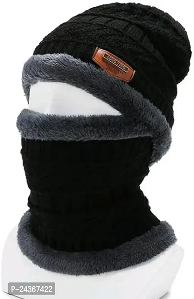 Classic Woolen Solid Beanie Cap with Neck Warmer for Unisex-thumb2